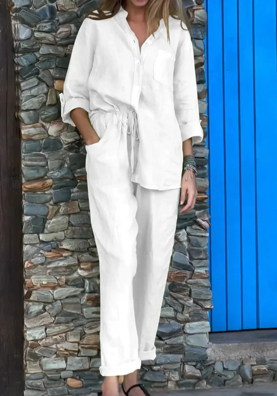 Alyson - Linen V-Neck Top & Lounge Pants Set