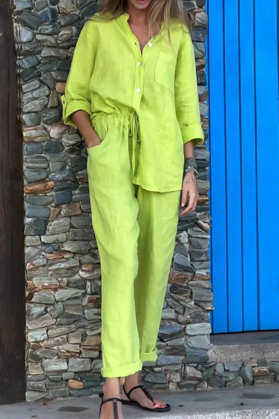 Alyson - Linen V-Neck Top & Lounge Pants Set