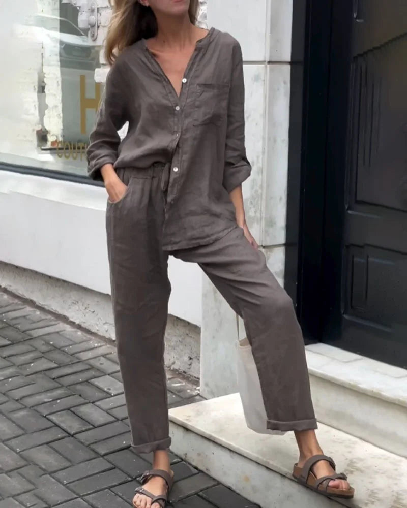 Alyson - Linen V-Neck Top & Lounge Pants Set