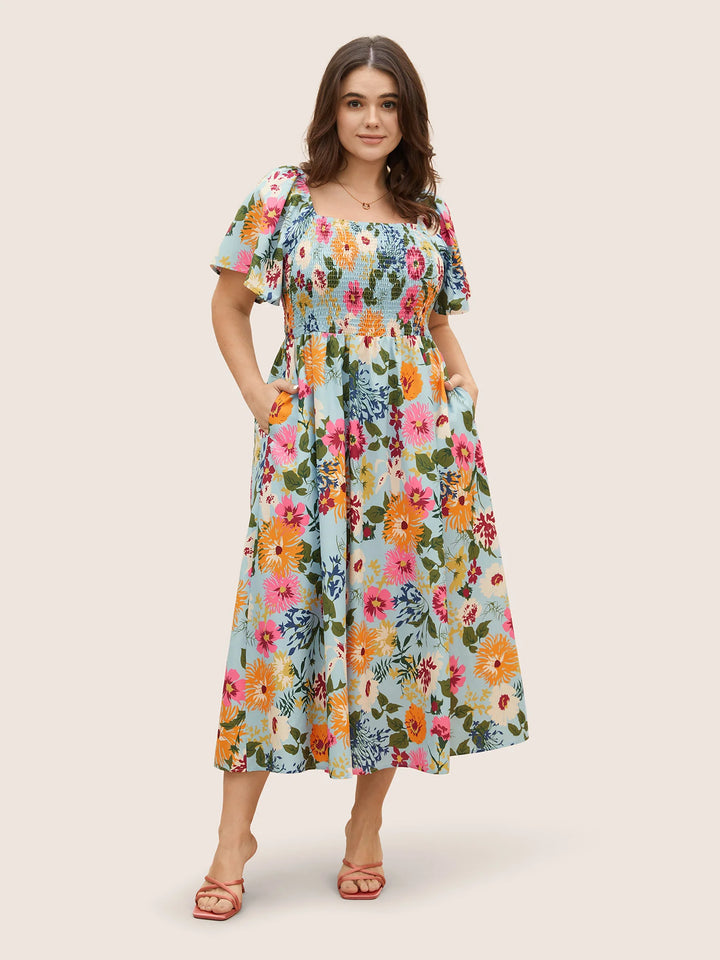 Floral Backless Shirred Square Neck Pocket Ruffle Hem Dress