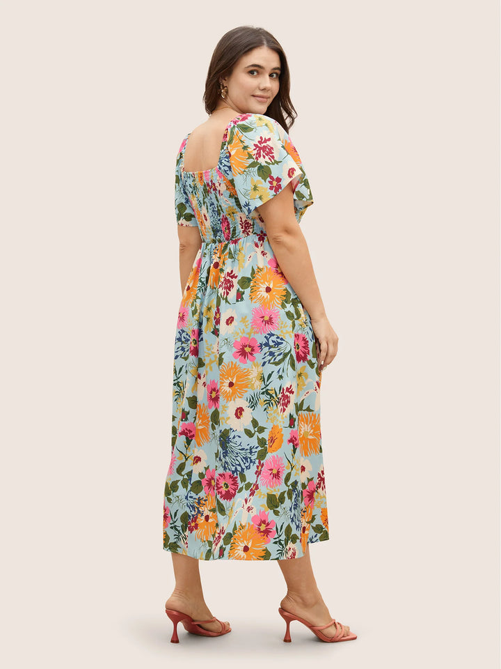 Floral Backless Shirred Square Neck Pocket Ruffle Hem Dress